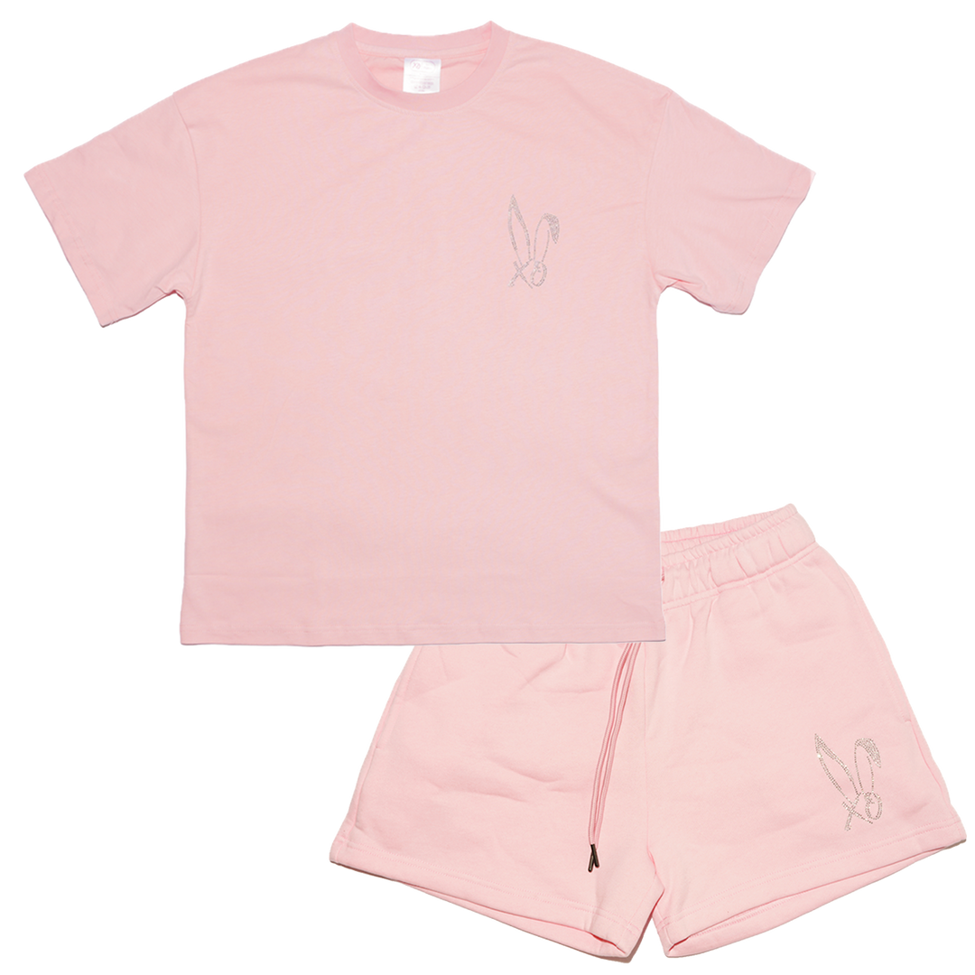 A light pink tee and sweat short set with Bunnie Xo's logo bedazzled in rhinestones.