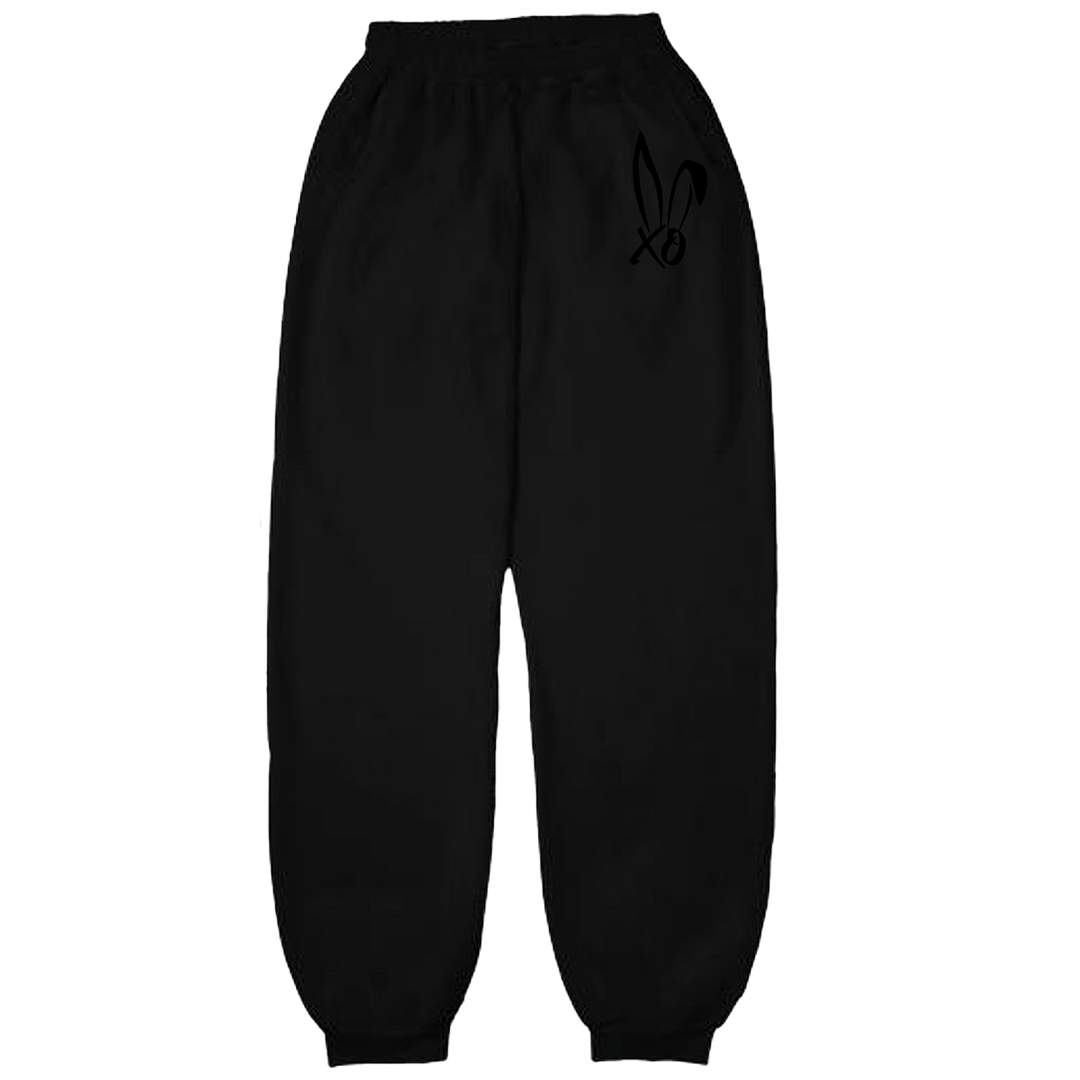 Classic black sweatpants with Bunnie Xo's logo embroidered on the front hip. 